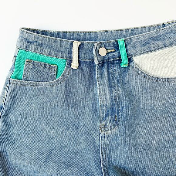 Women's High Rise Cotton Light Wash Denim Shorts Color Block Pockets XS - Picture 6 of 8